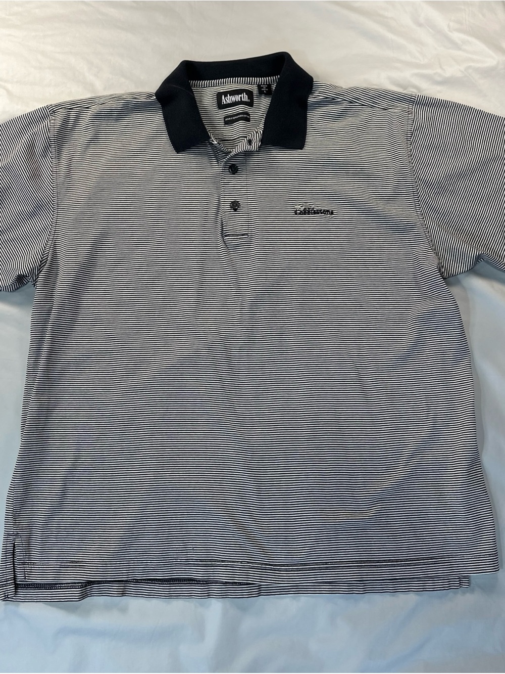 Ashworth Black & White Narrow Stripe Polo with Contrast Collar